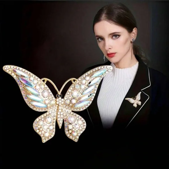 Opalescent Rhinestone Gold Butterfly Brooch with Iridescent Accents - Picture 2 of 6